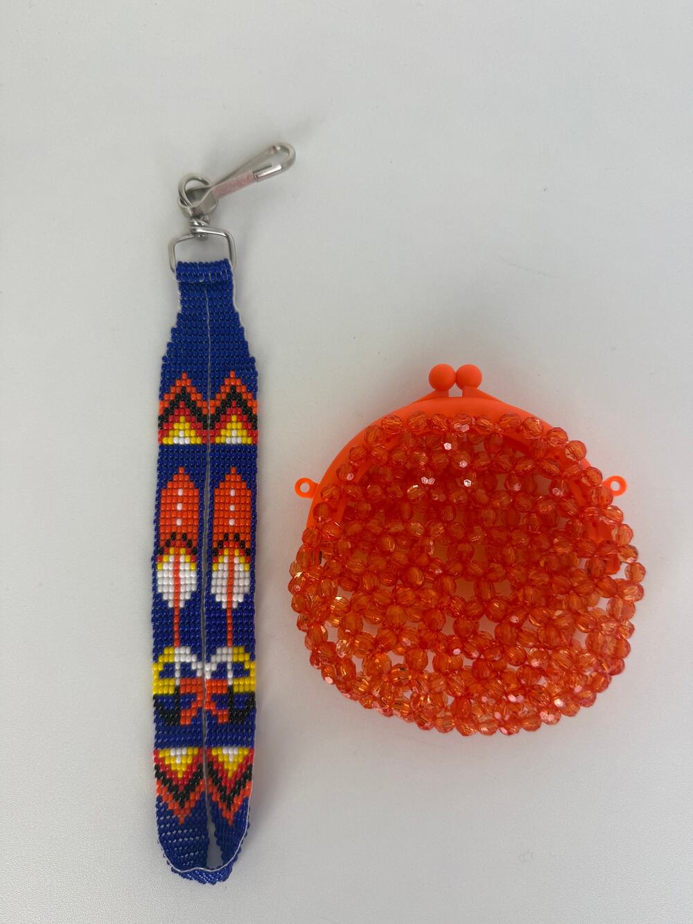 Handmade Native American Style Beaded Blue Orange Geometric Keychain Pouch Set